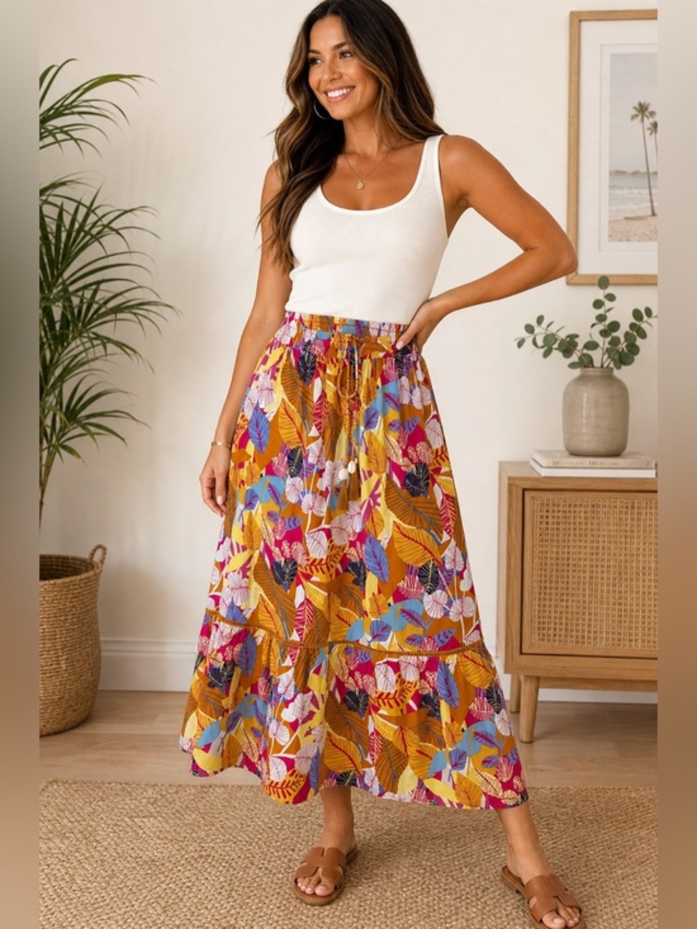 Tropical Floral Leaf Print Tiered Boho Maxi Skirt Drawstring Waist Size S